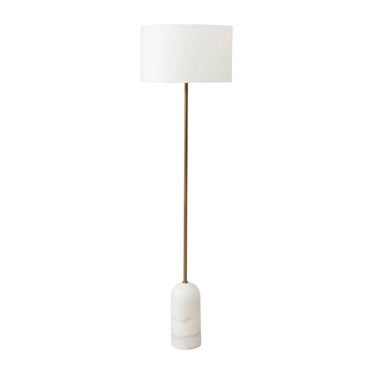 verona floor lamp with a white cylindrical shade and a base made of marbled white material