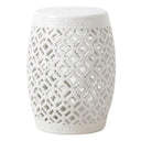 Vilasa White ceramic stool with an intricate lattice cut-out design and polished barrel shape.