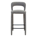 vinci grey upholstered bar stool with a curved back and black footrests.