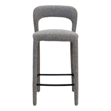 vinci grey upholstered bar stool with a curved back and black footrests.