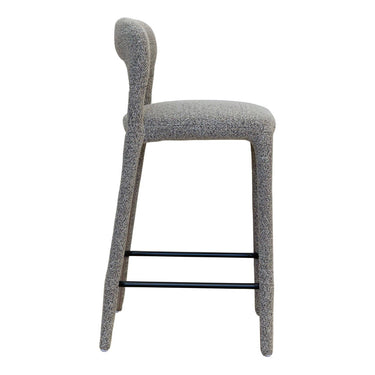 A gray textured vinci fabric bar stool with a curved back and four legs connected by a black footrest.