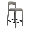Close up of a textured fabric vinci bar chair with a curved backrest and seat in a neutral speckled pattern of  grey and white.