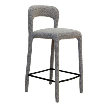 Close up of a textured fabric vinci bar chair with a curved backrest and seat in a neutral speckled pattern of  grey and white.