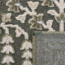close-up of the traditional botanical floral pattern on the sage and olive green area rug