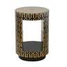 cylindrical side table with a black and natural geometric inlay pattern, featuring a circular top, a central open rectangular space, and a black circular base.