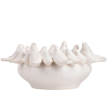White Ceramic Bowl with ceramic birds perched around the edge