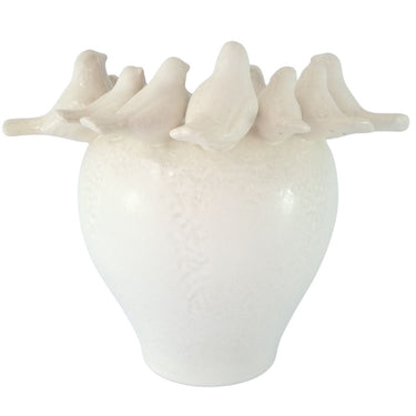 Decorative White Ceramic Birds Vase with a pearl-cream ceramic finish