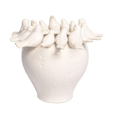 White Ceramic Birds Vase with ceramic birds perched around the edge