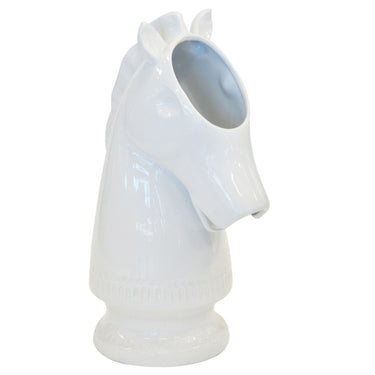 White ceramic horse head vase sculpture.