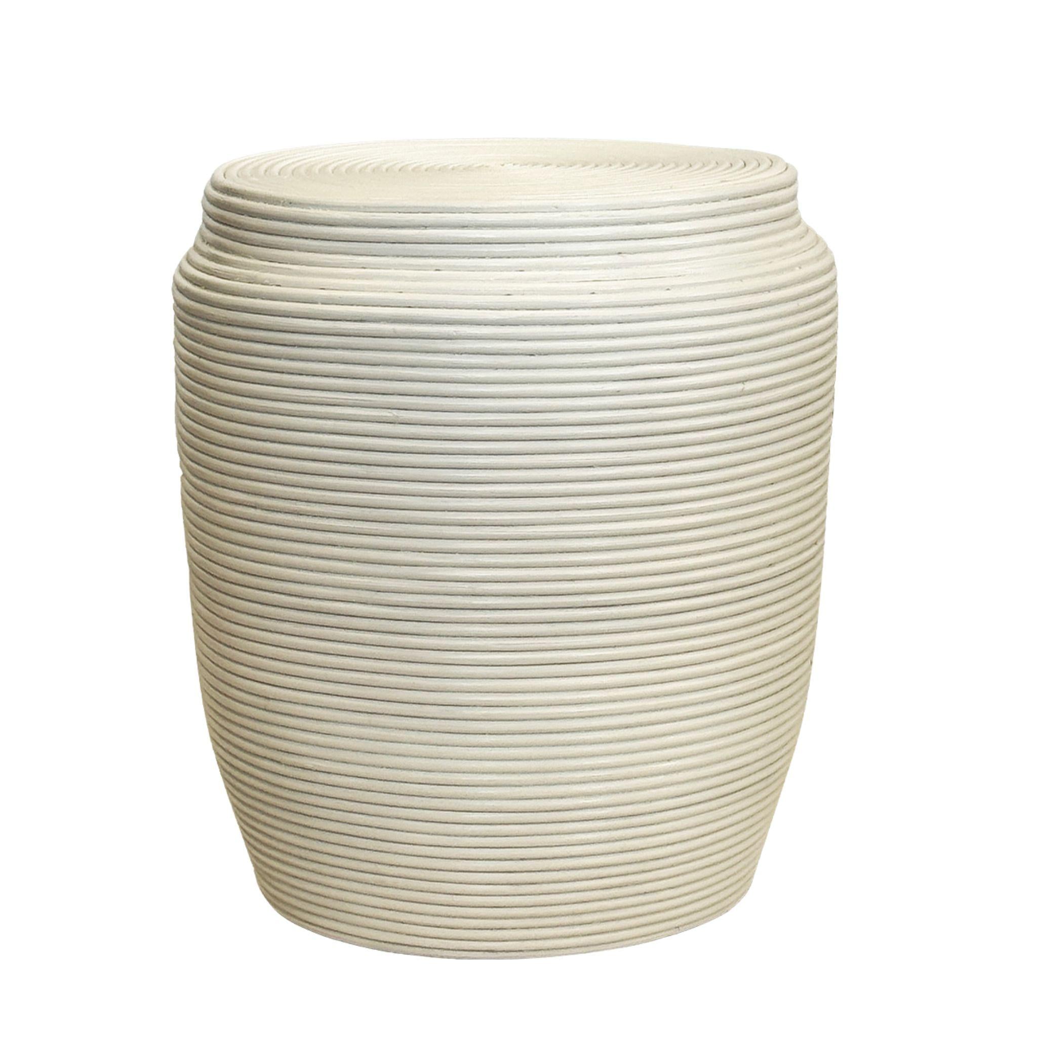 White coiled rattan stool with textured finish