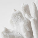 Detailed close-up of the fine textured crevices and organic ridges on a white resin coral decoration