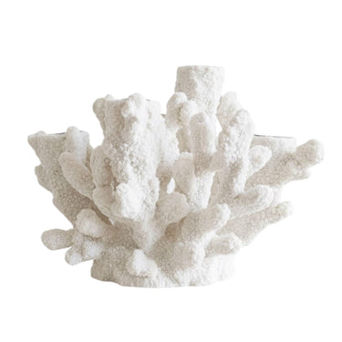 White coral tapered candle holder with a realistic sculptural texture and organic form for coastal tabletop decor