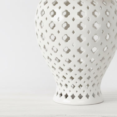 Close-up of the lattice cutout detail on the White Ginger Jar Lamp showing the unique ceramic lamp texture