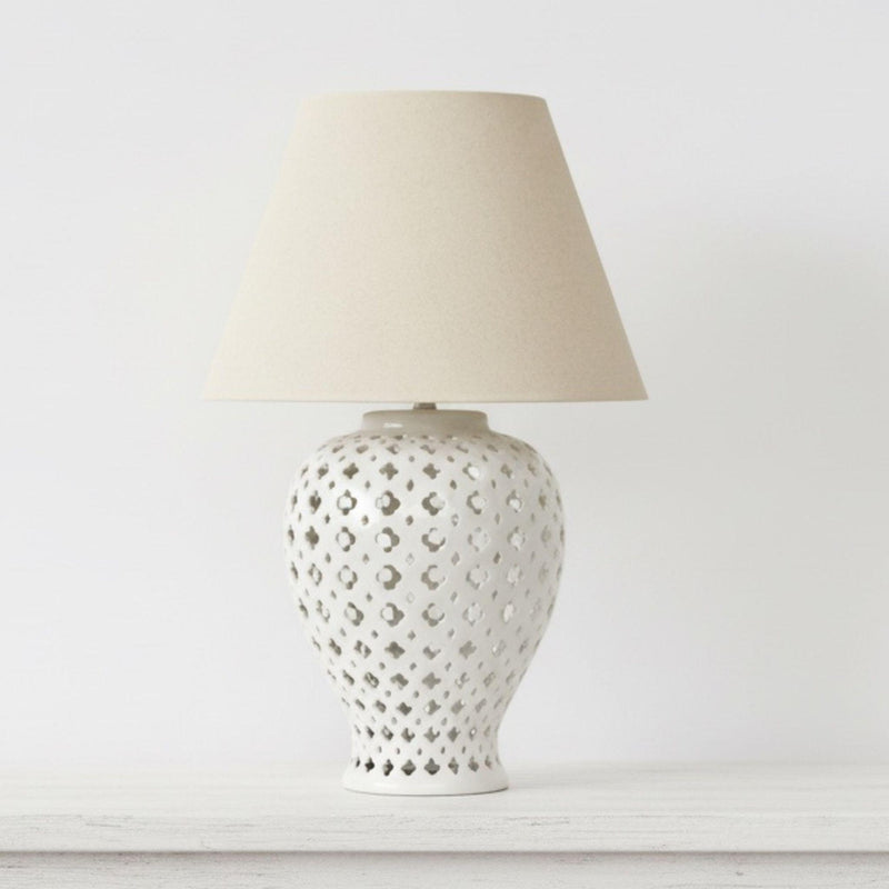 Ginger Jar Lamp in white ceramic and lattice  in classic silhouette.