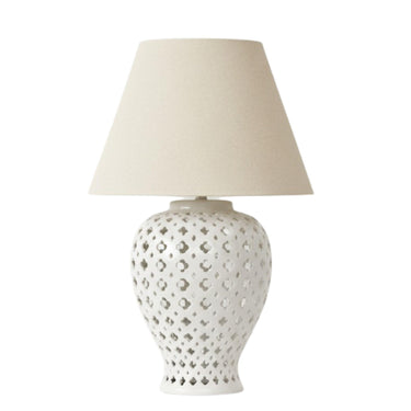 White Ginger Jar Lamp featuring ginger jar  base with a neutral fabric shade