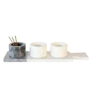 Marble Serving Board with 3 Pinch Pots & Brass Spoons Set 