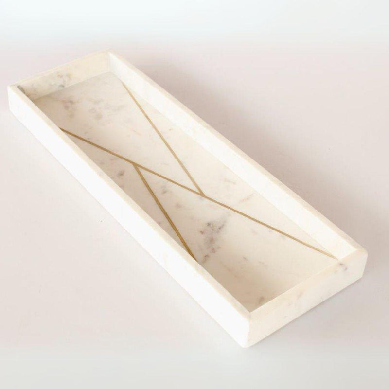 Long rectangular white marble decorative tray featuring a sleek, narrow profile with clean geometric brass inlay accents.