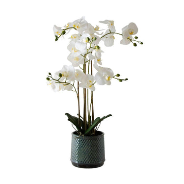 Artificial orchid with realistic stem and white flowers