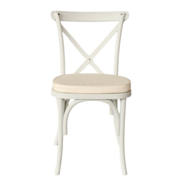 White  crossback dining outdoor chair with a cream cushion from Woodka Interiors