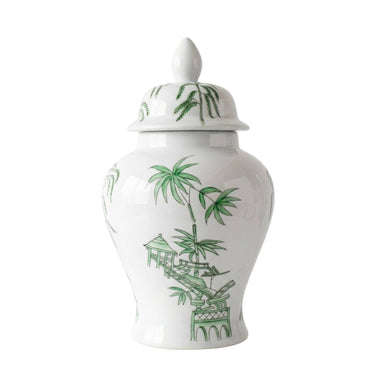 Willow white ceramic ginger jar with lid featuring green hand-painted bamboo and pagoda patterns.
