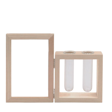 A wooden picture frame with glass test tube vases attached to the sides