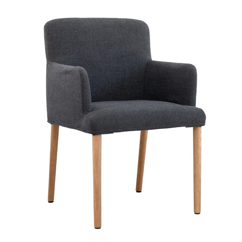 Contemporary oak dining chair with contoured back and fabric upholstery in slate blue