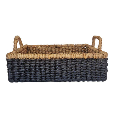 Side view of large basket tray highlighting handwoven detail and sturdy construction