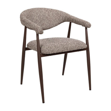 Side view of the Yvette dining chair with curved wraparound armrest, a curved backrest and textured coco brown boucle-style fabric upholstery.