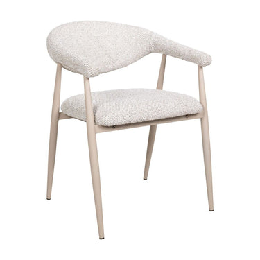 Side view of the Yvette dining chair with curved wraparound armrest, a curved backrest and textured boucle-style fabric upholstery.