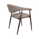 Yvette boucle dining chair in coco showing the brown fabric upholstery and curved wraparound armrest design.