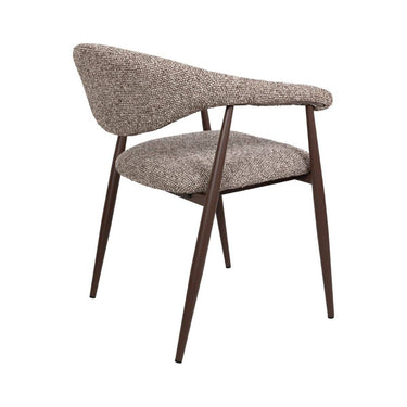 Yvette boucle dining chair in coco showing the brown fabric upholstery and curved wraparound armrest design.