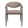 Yvette contemporary curved dining chair in coco brown boucle style fabric upholstery.