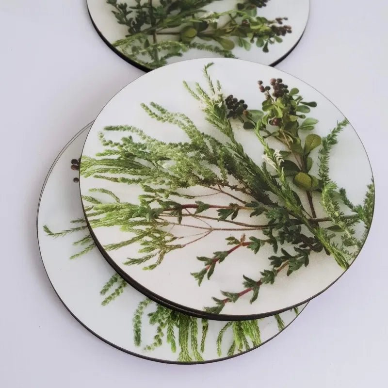 Set of 6 Fynbos coasters with botanical wildflower design, perfect for home dining and entertaining.