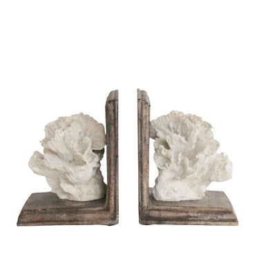 White coral bookends on wood base, ocean-inspired coastal themed shelf decor